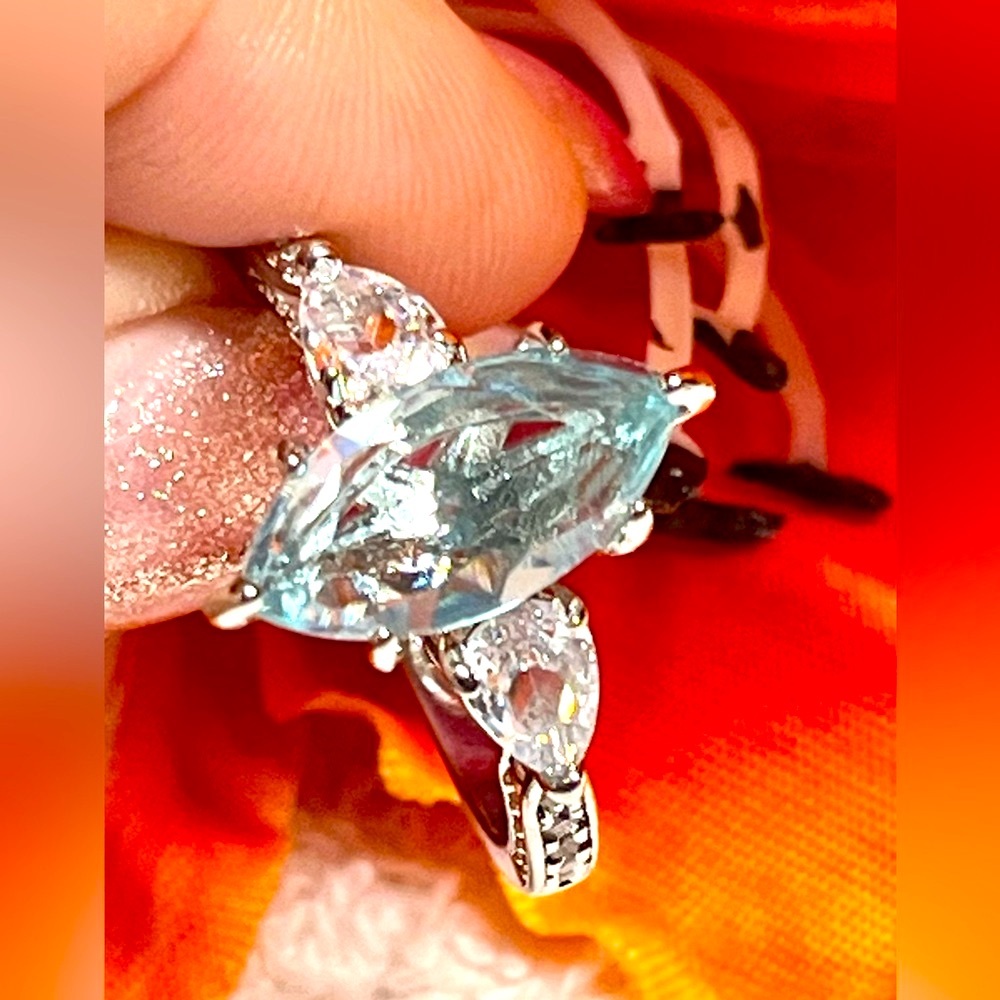 🥂Brand new blue marquis solitaire/pear rhinestone ring sterling-7